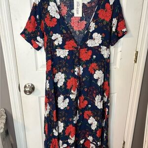 Meaneor Floral Midi Dress - Red, White, and Blue